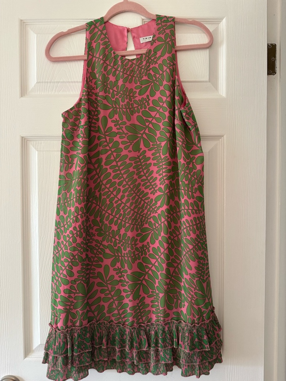 Trina Turk Pink  and Green Leaf-Print Sleeveless Dress, flounce hemline.